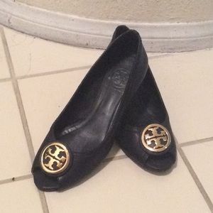 Tory Burch Peep Toe Wedge  Leather Gold Logo 6.5